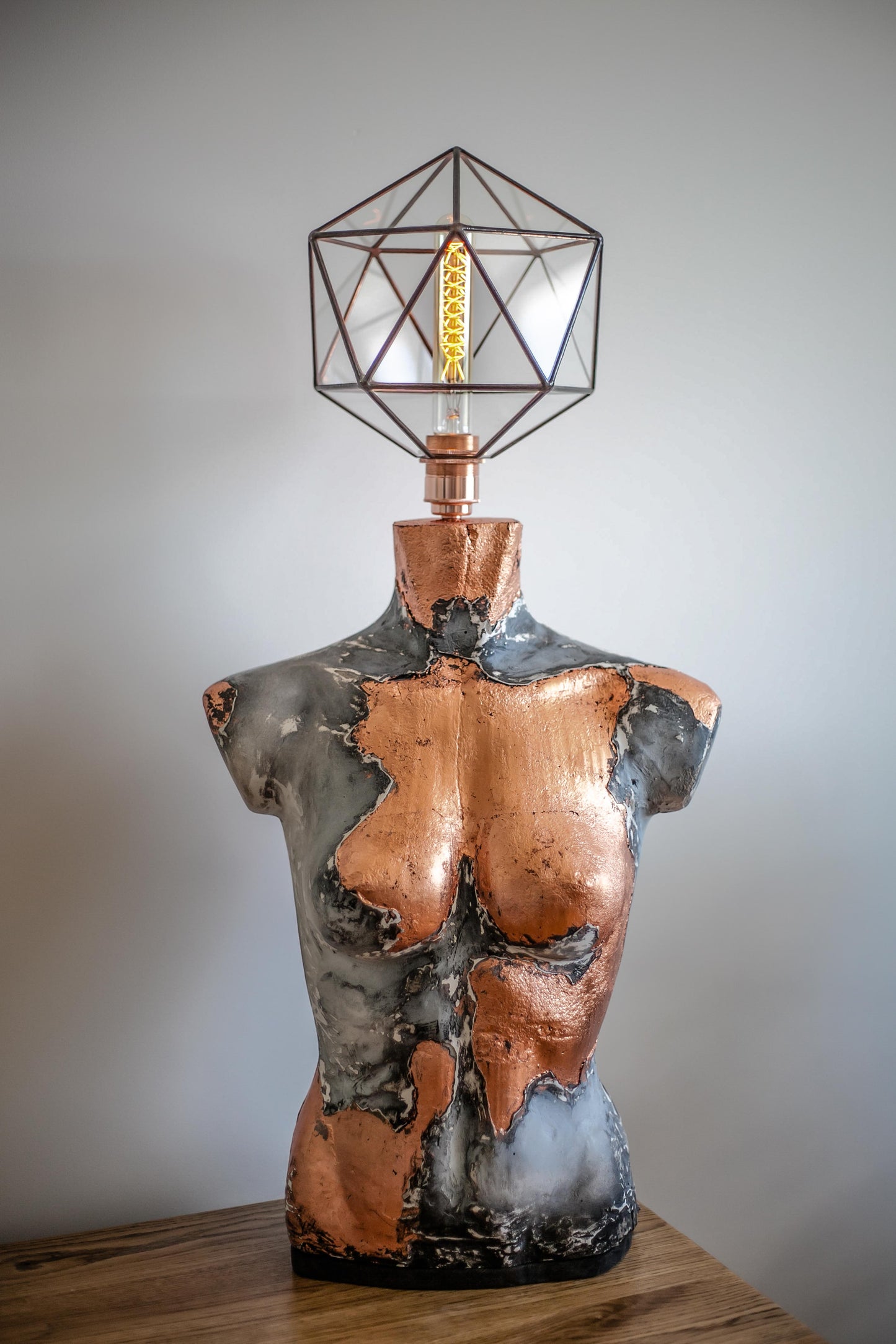 Concrete Woman Bust With Icosahedron Lamp