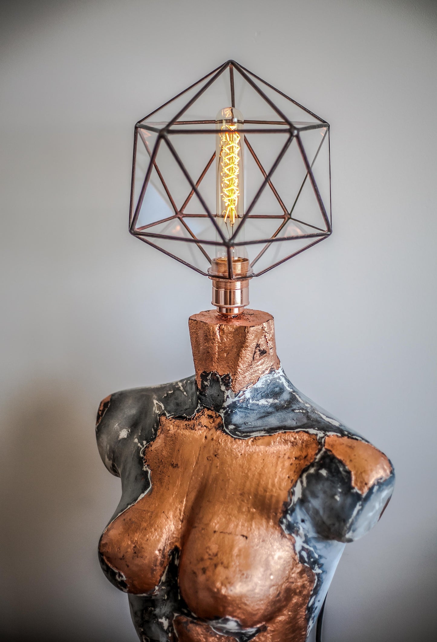 Concrete Woman Bust With Icosahedron Lamp