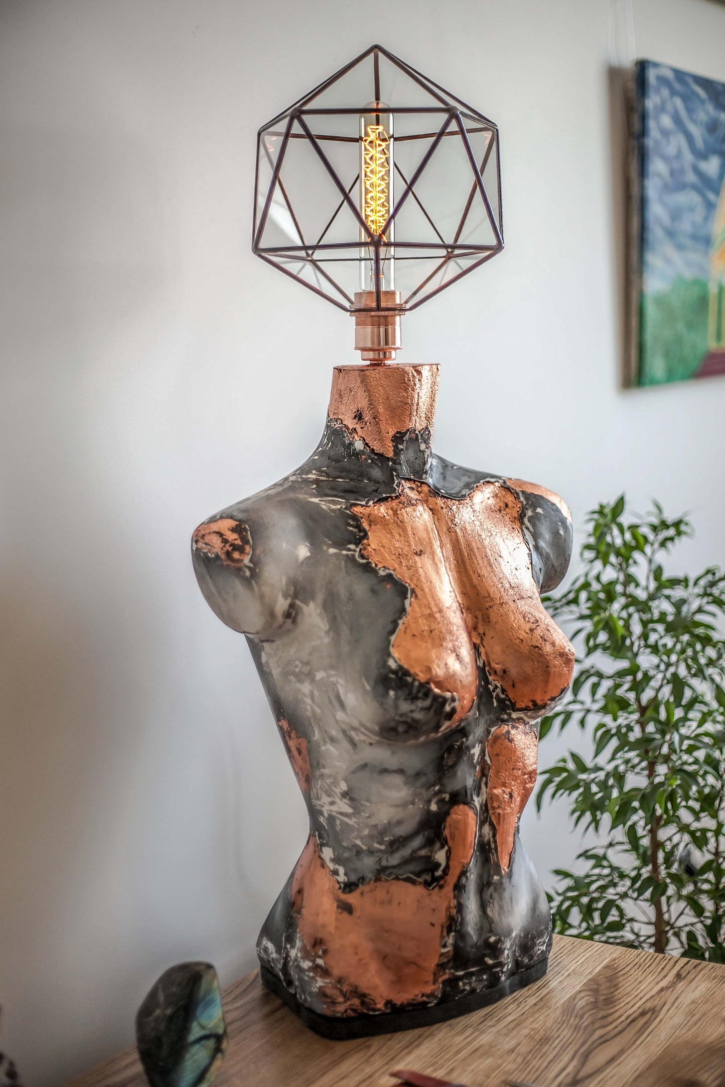 Concrete Woman Bust With Icosahedron Lamp