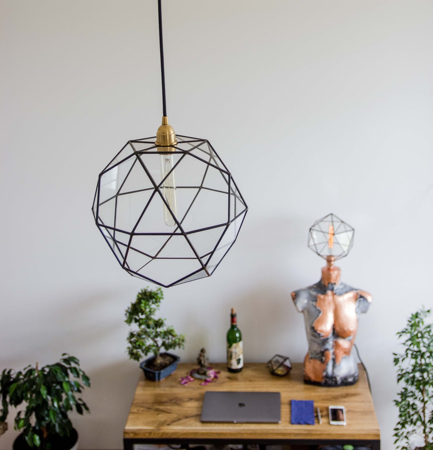 Concrete Woman Bust With Icosahedron Lamp