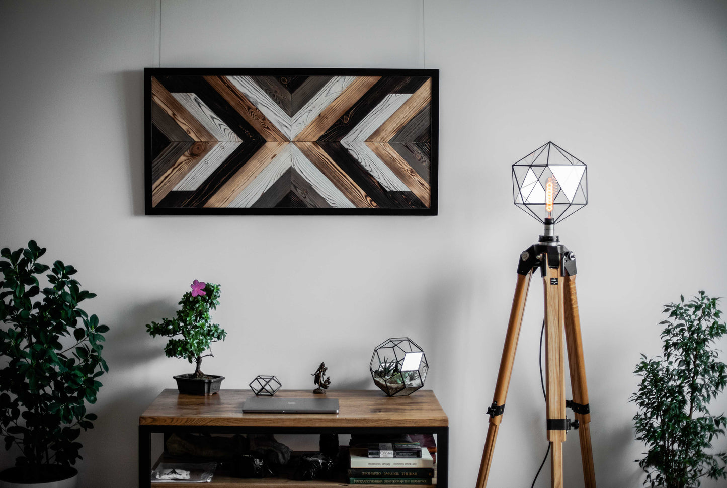 German Industrial Wooden tripod With Icosahedron Lamp
