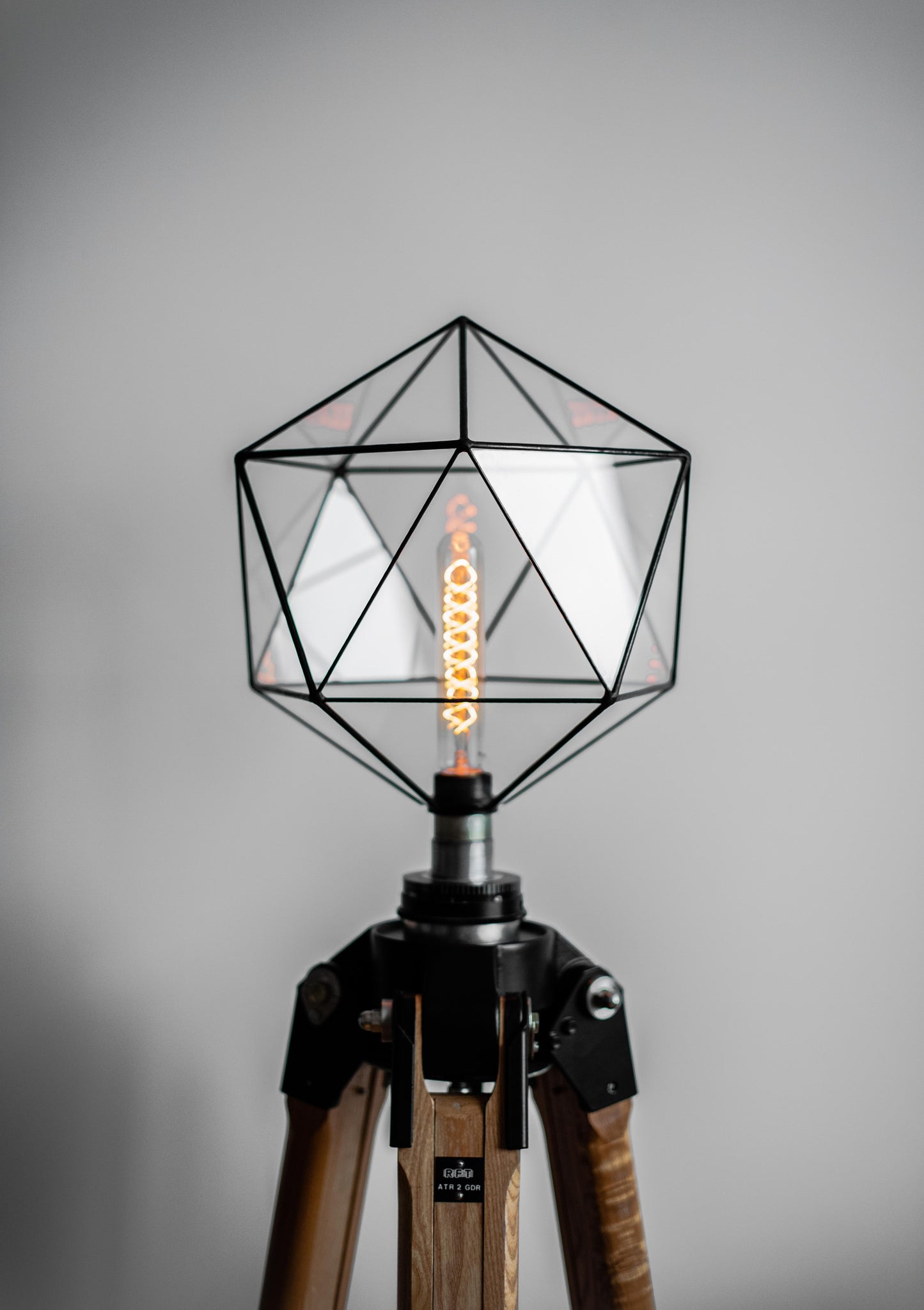 German Industrial Wooden tripod With Icosahedron Lamp