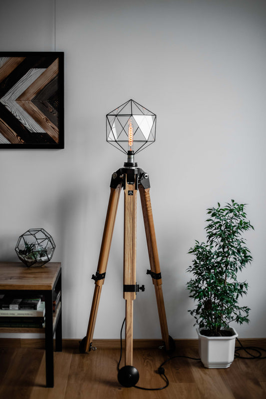 German Industrial Wooden tripod With Icosahedron Lamp