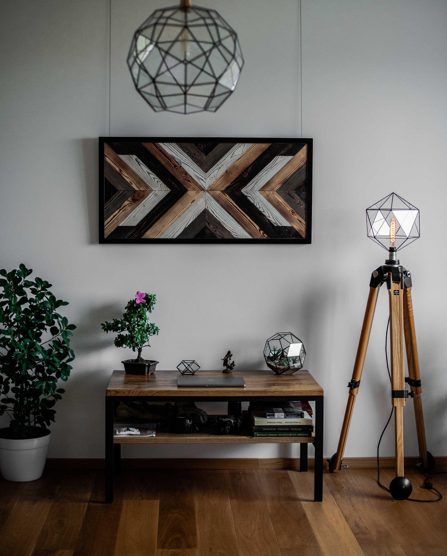German Industrial Wooden tripod With Icosahedron Lamp