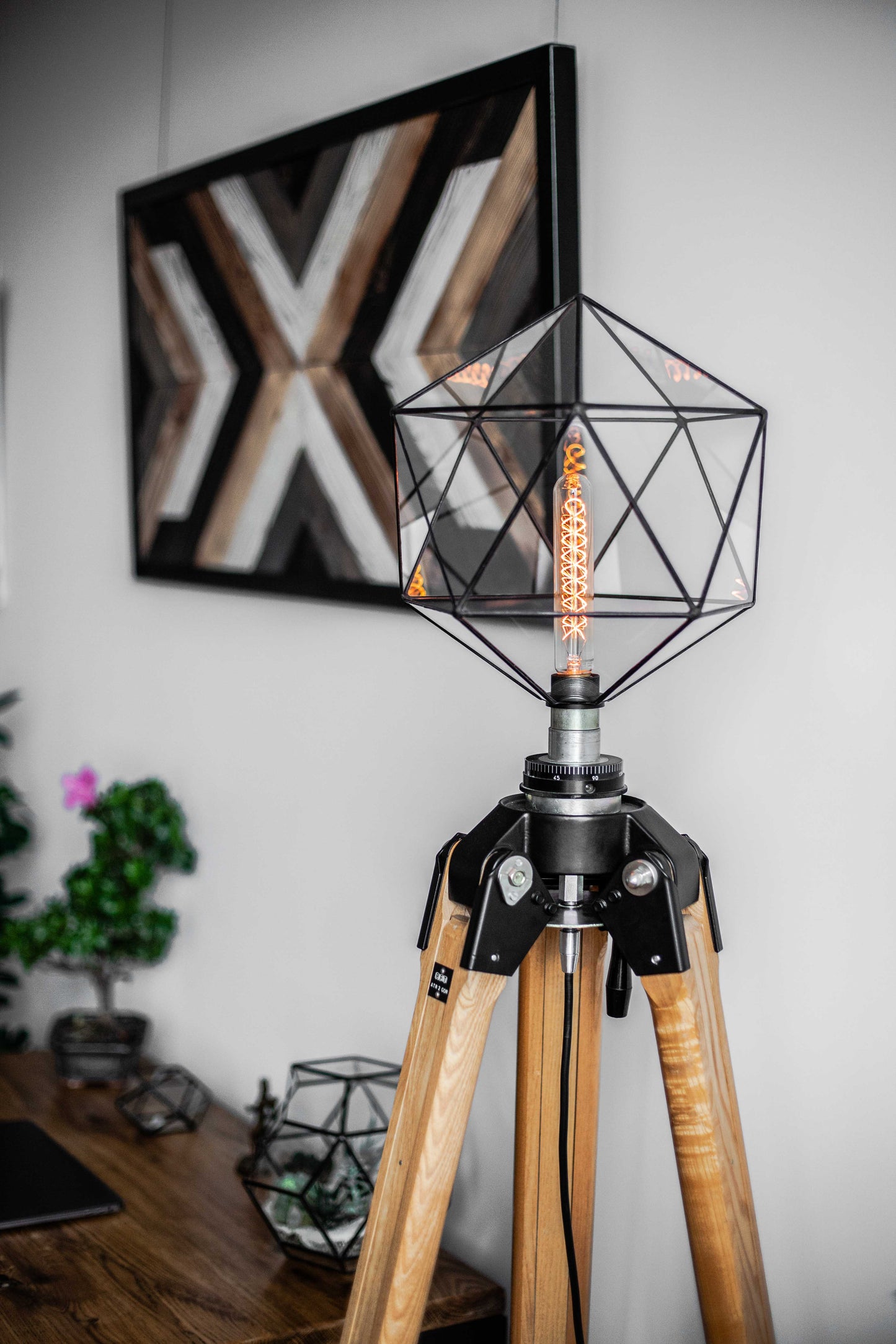 German Industrial Wooden tripod With Icosahedron Lamp