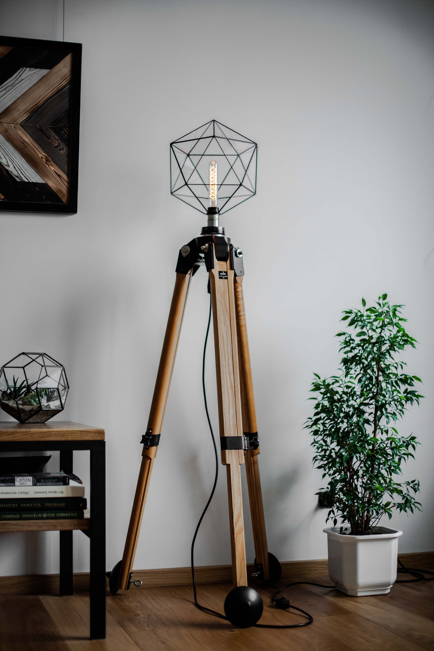 German Industrial Wooden tripod With Icosahedron Lamp