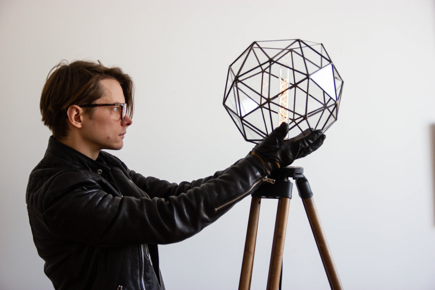Old Wood Tripod With Glass Geometric With Pentakis Dodecahedron