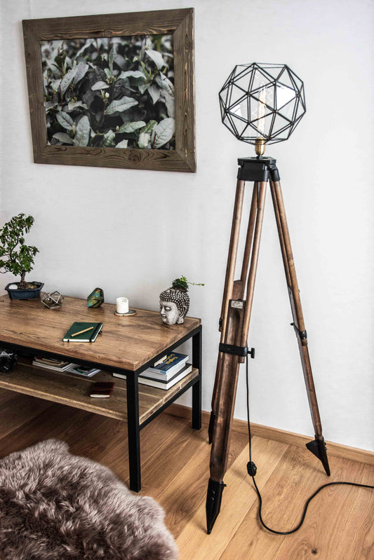 Old Wood Tripod With Glass Geometric With Pentakis Dodecahedron