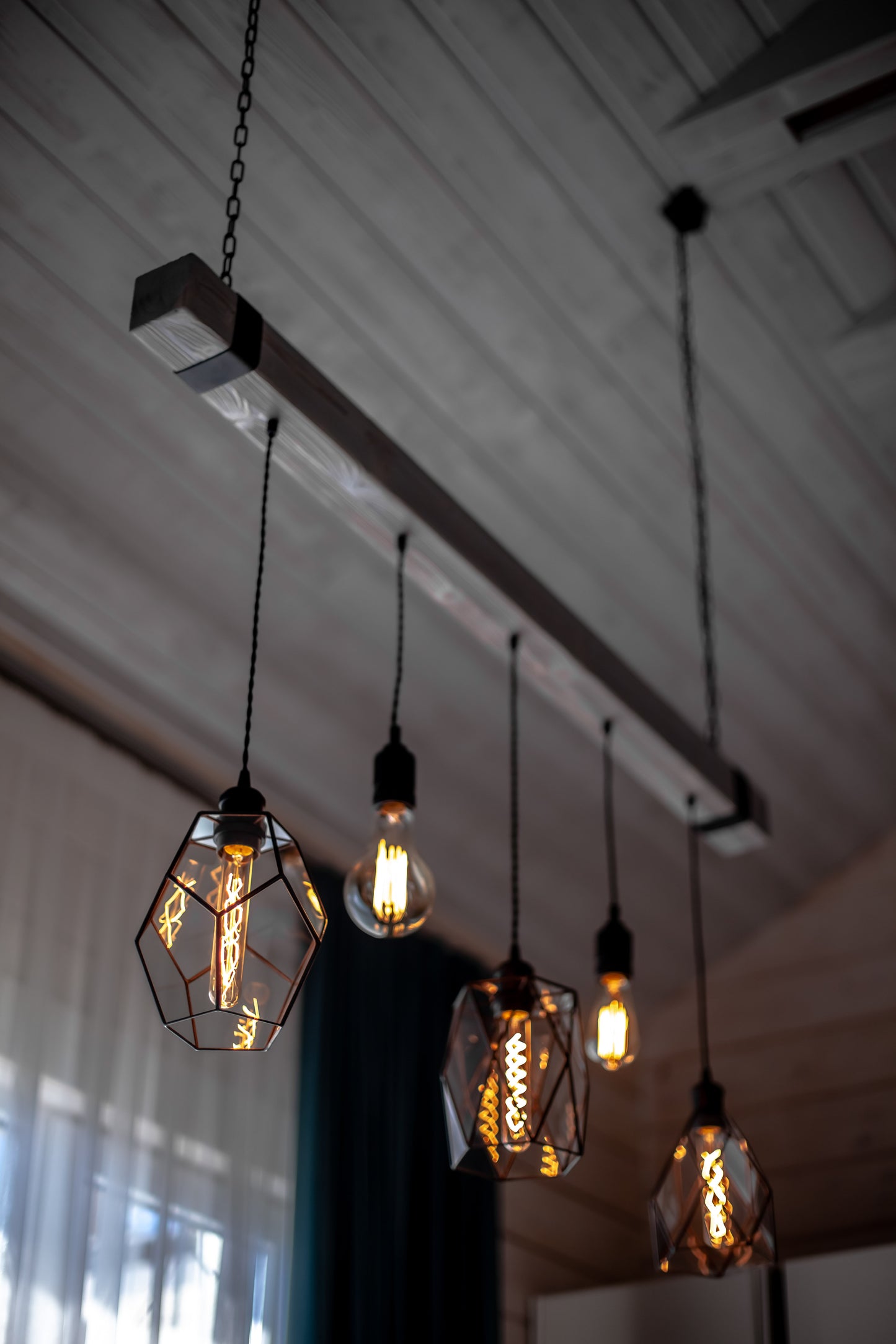 Wood Pendant Light with Geometric Glass Chandelier