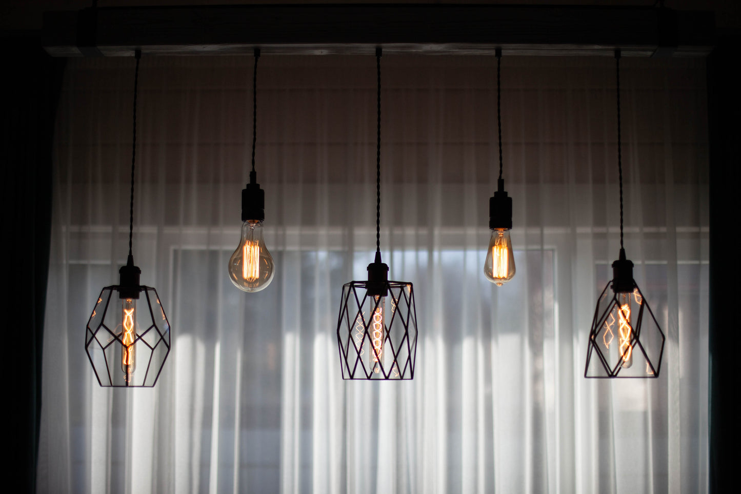 Wood Pendant Light with Geometric Glass Chandelier