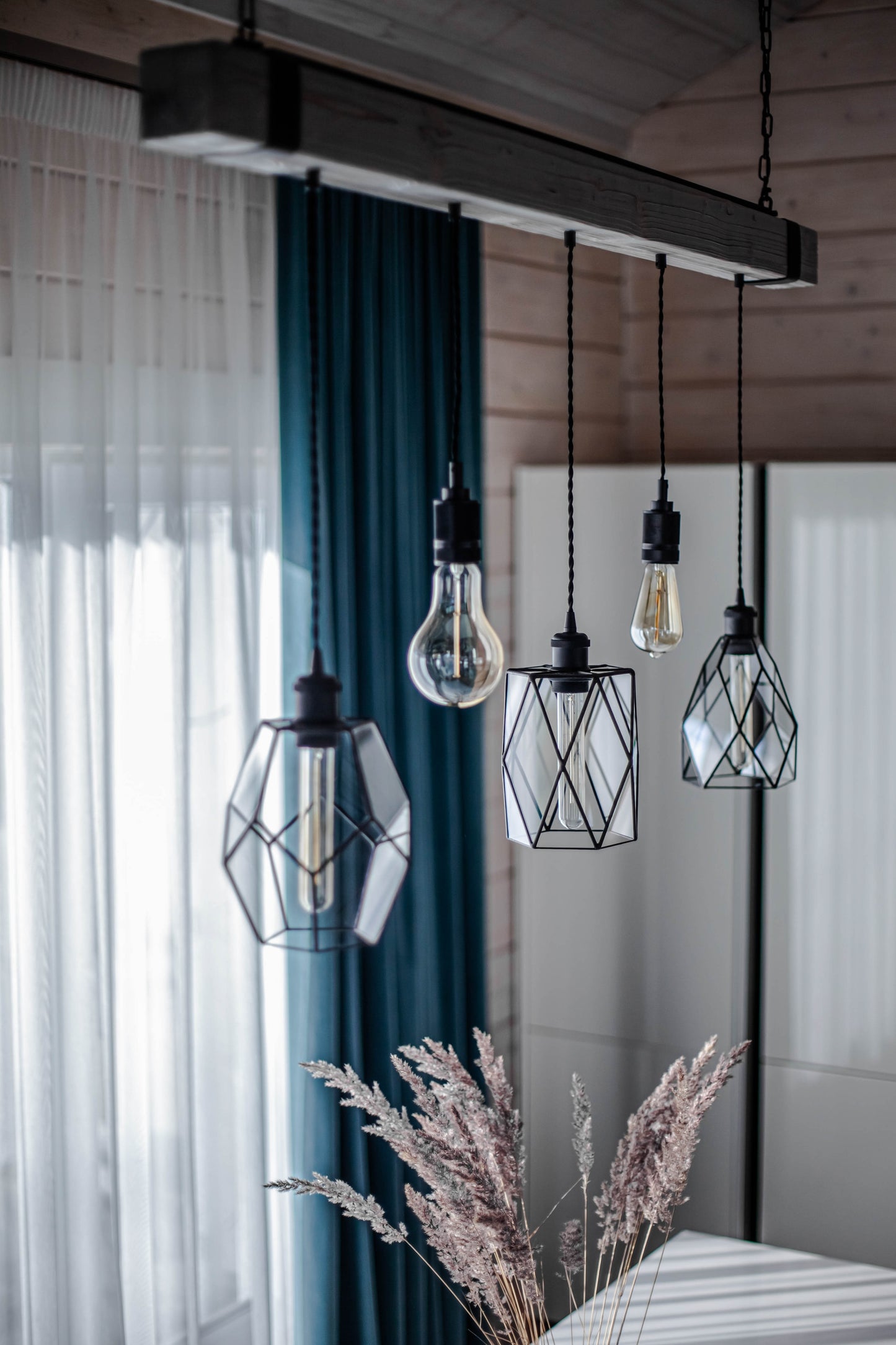 Wood Pendant Light with Geometric Glass Chandelier