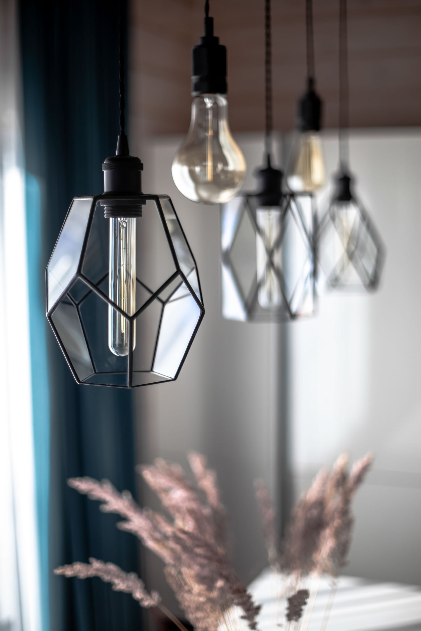 Wood Pendant Light with Geometric Glass Chandelier