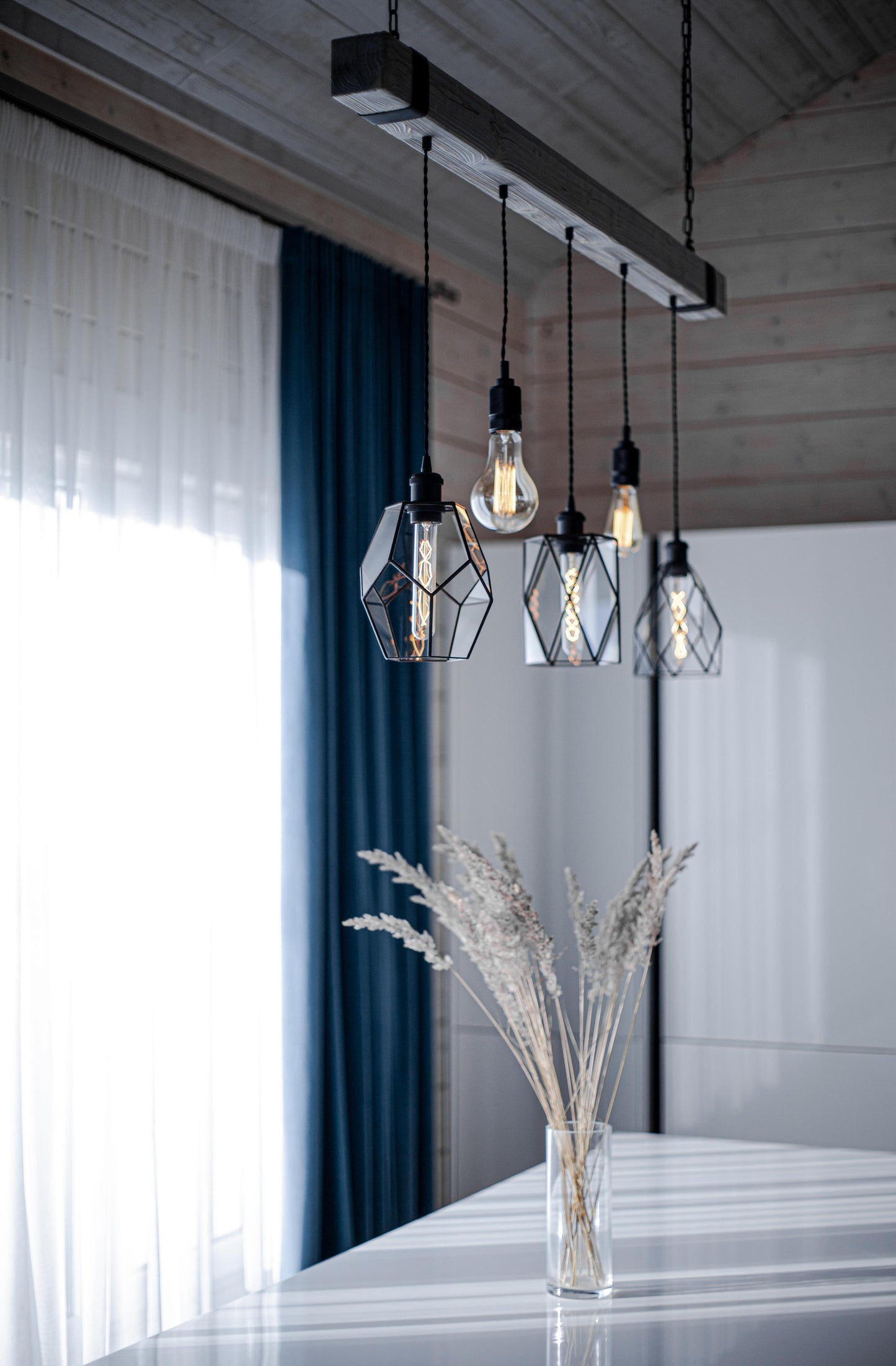 Wood Pendant Light with Geometric Glass Chandelier