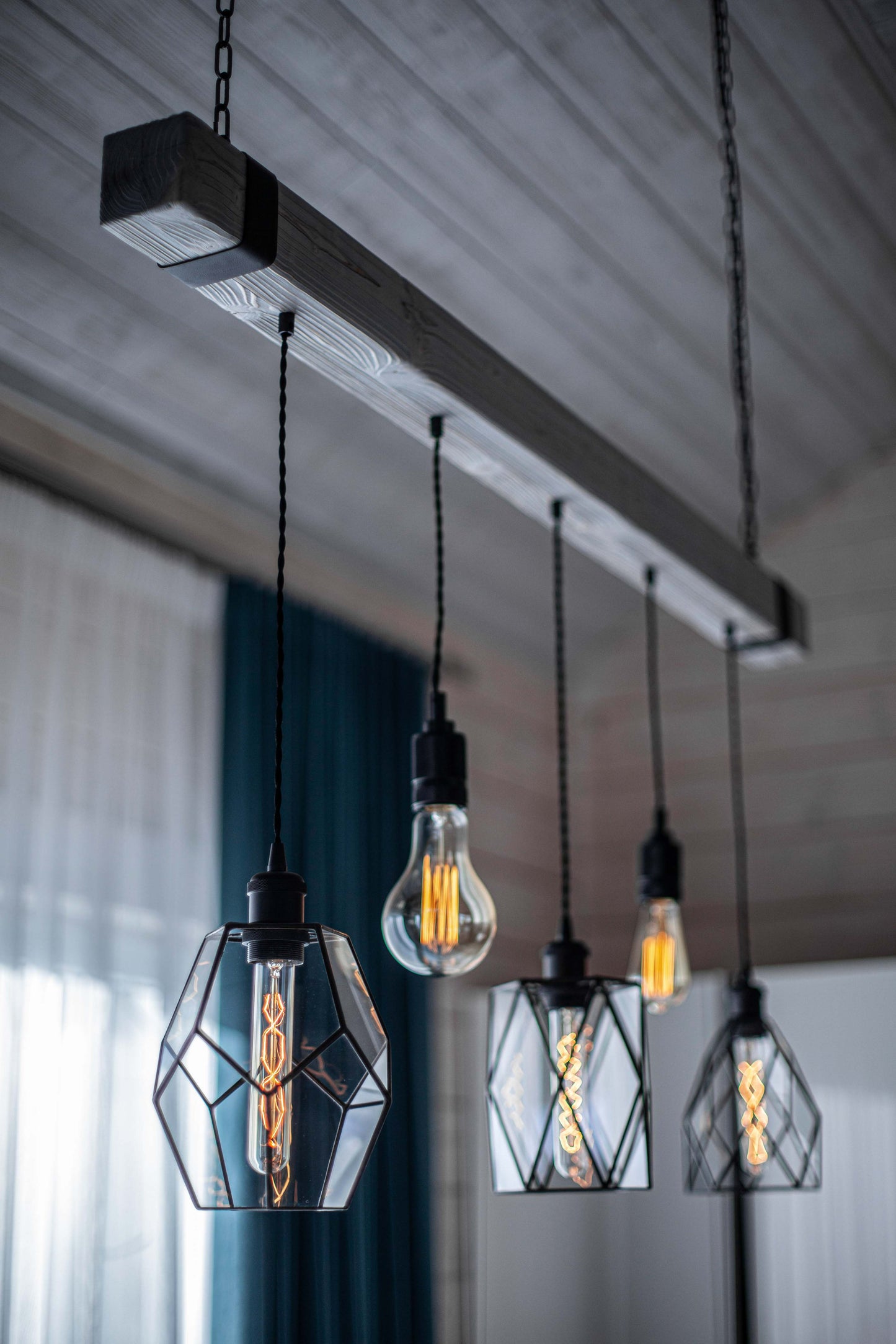 Wood Pendant Light with Geometric Glass Chandelier